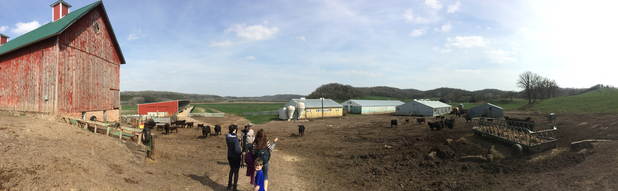 Horihan Farm looms on a rolling hill as cattle and people walk on dusty farm roads.