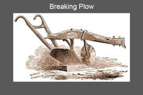 Vintage drawing of a wooden plow moving through earth. 