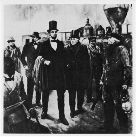 A drawing of Abraham Lincoln surrounded by white men in top hats and an African American man carrying baggage. 