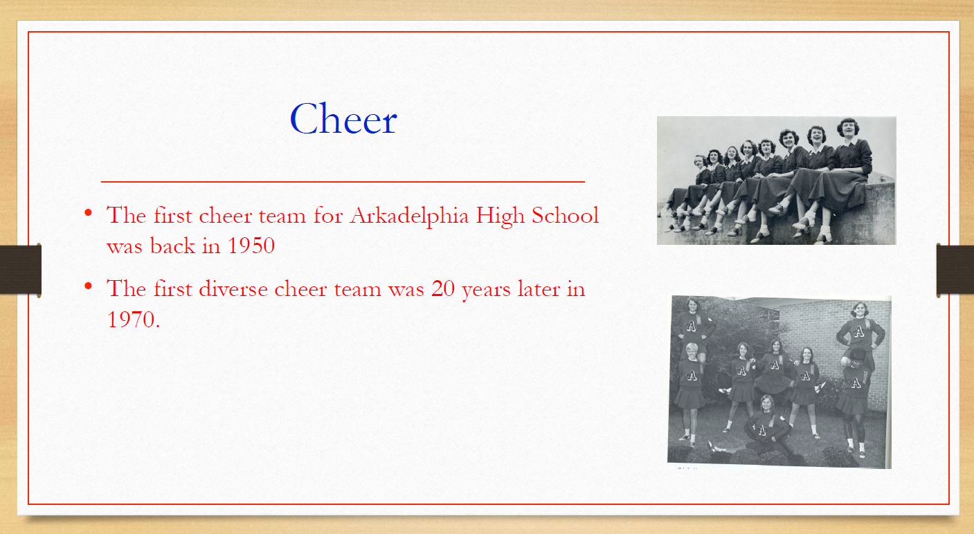 A screenshot from a presentation with the word, Cheer, and vintage photographs of pep squad members. 