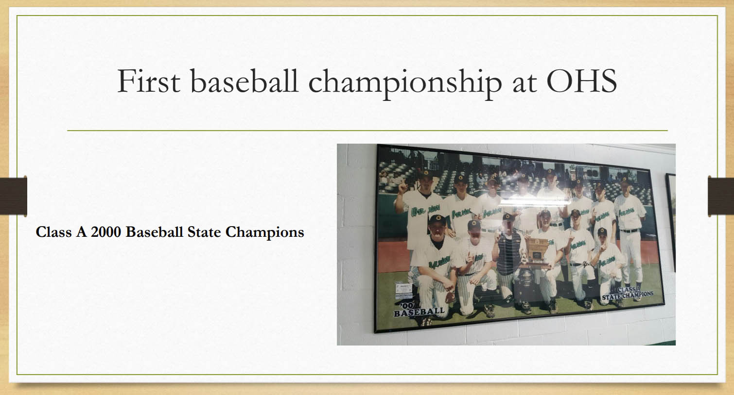 A screenshot from a presentation showing high school baseball players in a team photo.