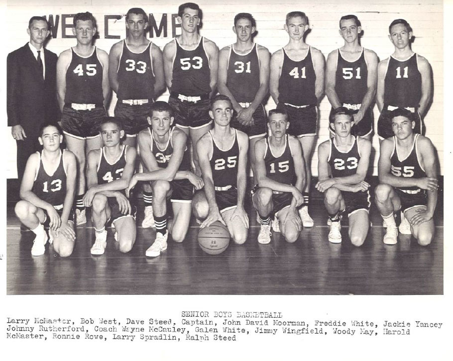 A vintage photo of a boys basketball team inside a high gymnasium.