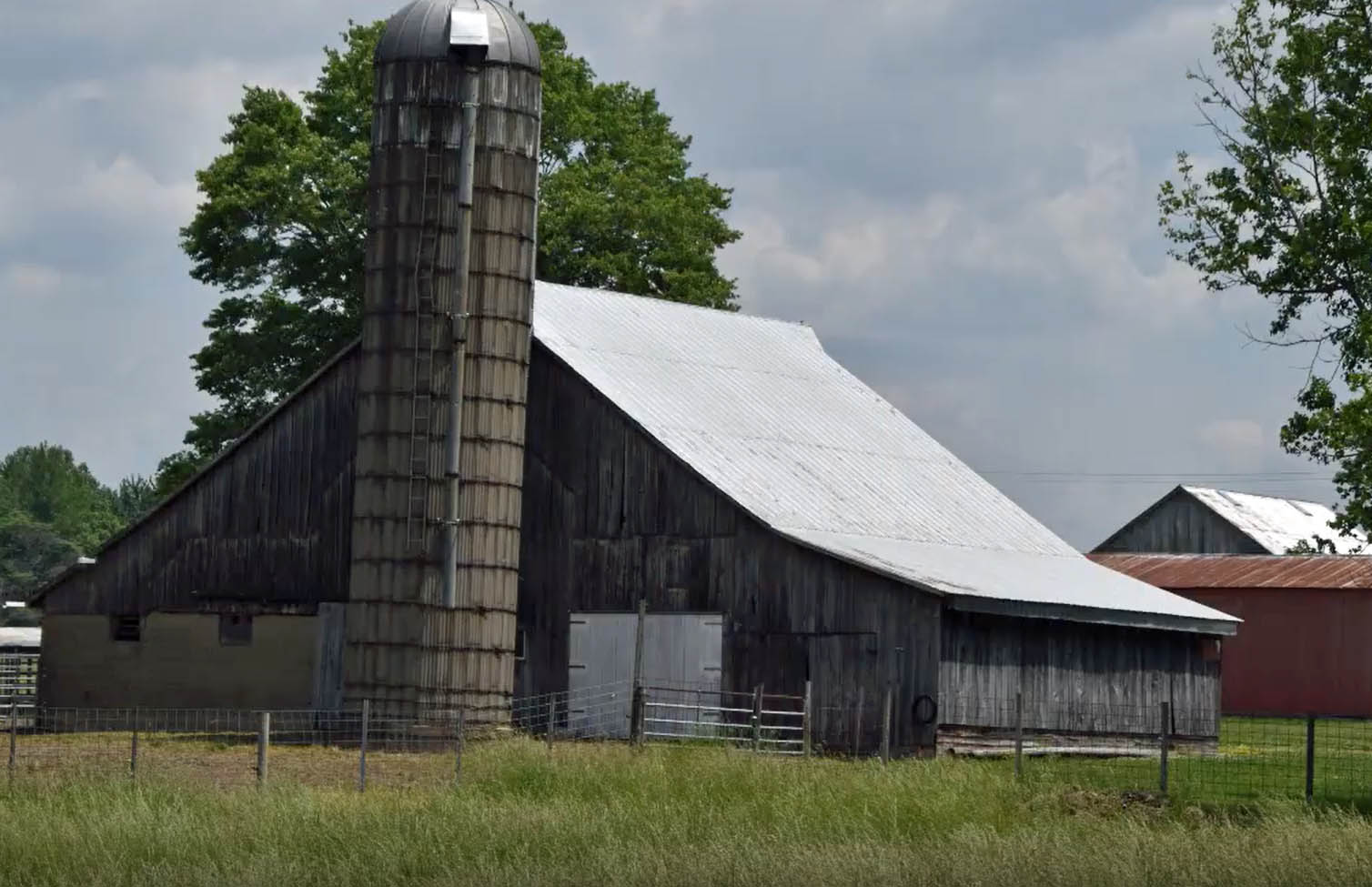 A weathered gray barn with a silvery silo on a farm.