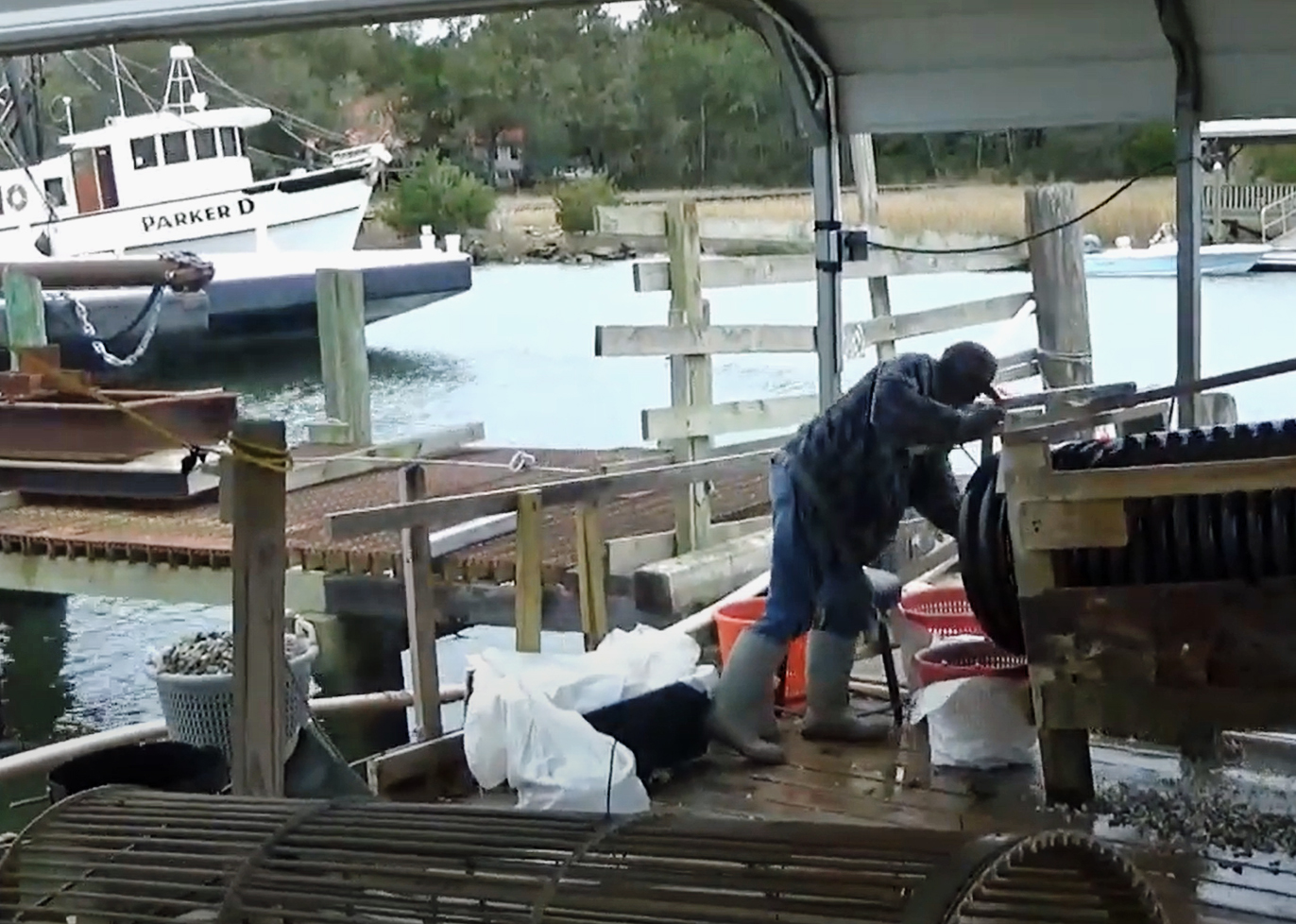 A man bends down on a dock and empties buckets. 