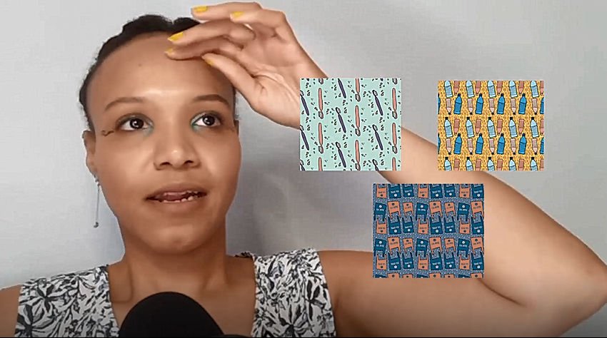 A woman with tight braids and long earrings. Several images of collages are overlayed on the right.