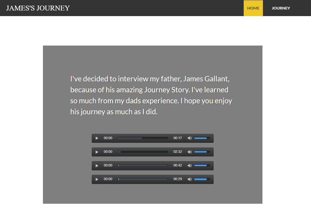 Screenshot of a website that has a dark gray background and links to audio files. 