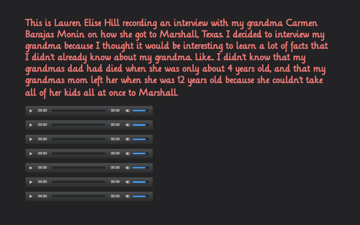 A screenshot of Lauren's website with a black screen and pink text, along with audio files.