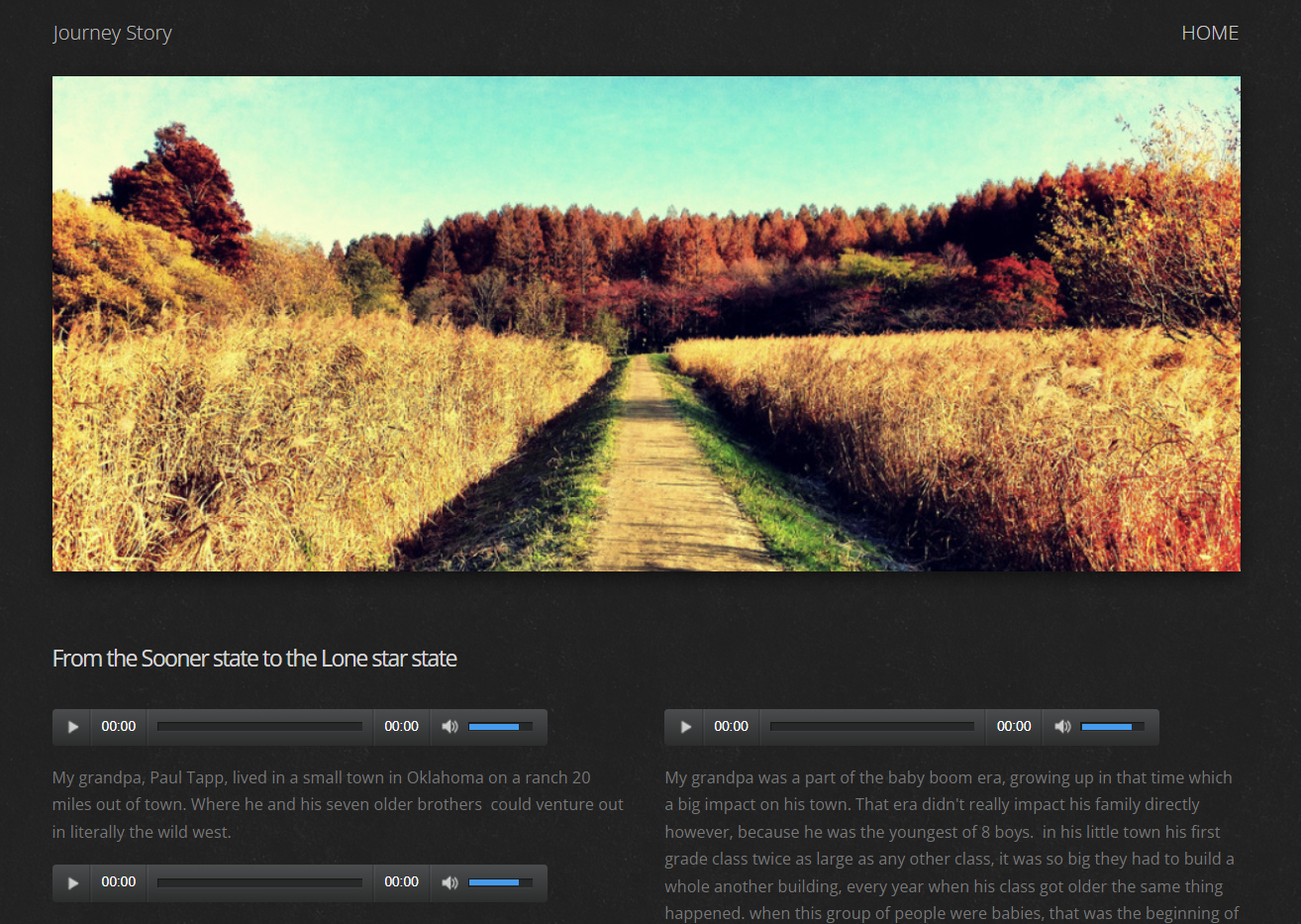 A screenshot of student's website with a black background and a photo of a field with a grassy road.