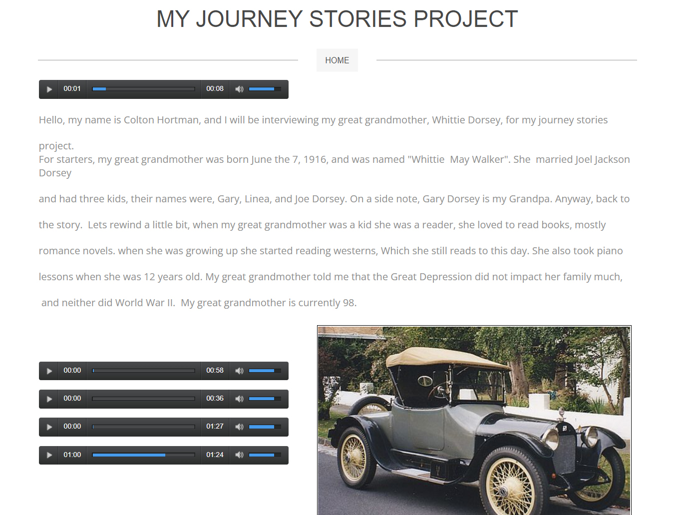 Screenshot of a student website that features audio recordings and a photo of 1916 car.