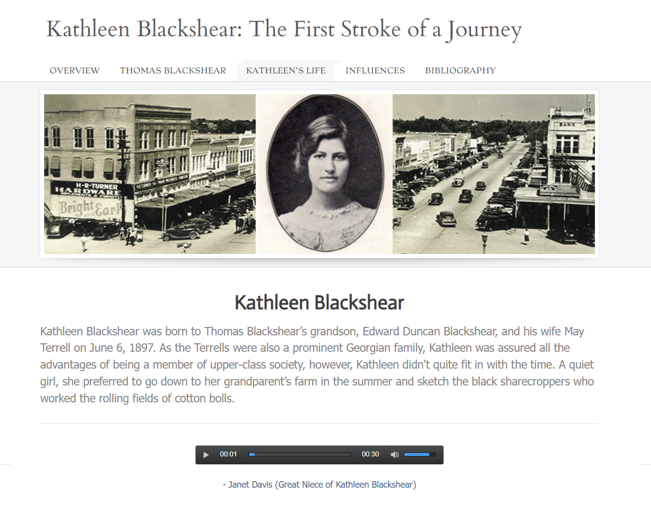 Screenshot of a website that features a woman's faces and pictures of a town around the turn of the 20th century.