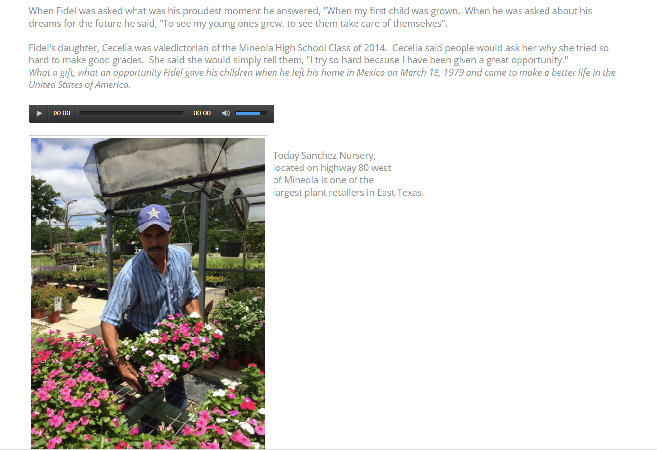 Screenshot from a student-created website that includes a photo of a man in a ballcap with trays of flowers.