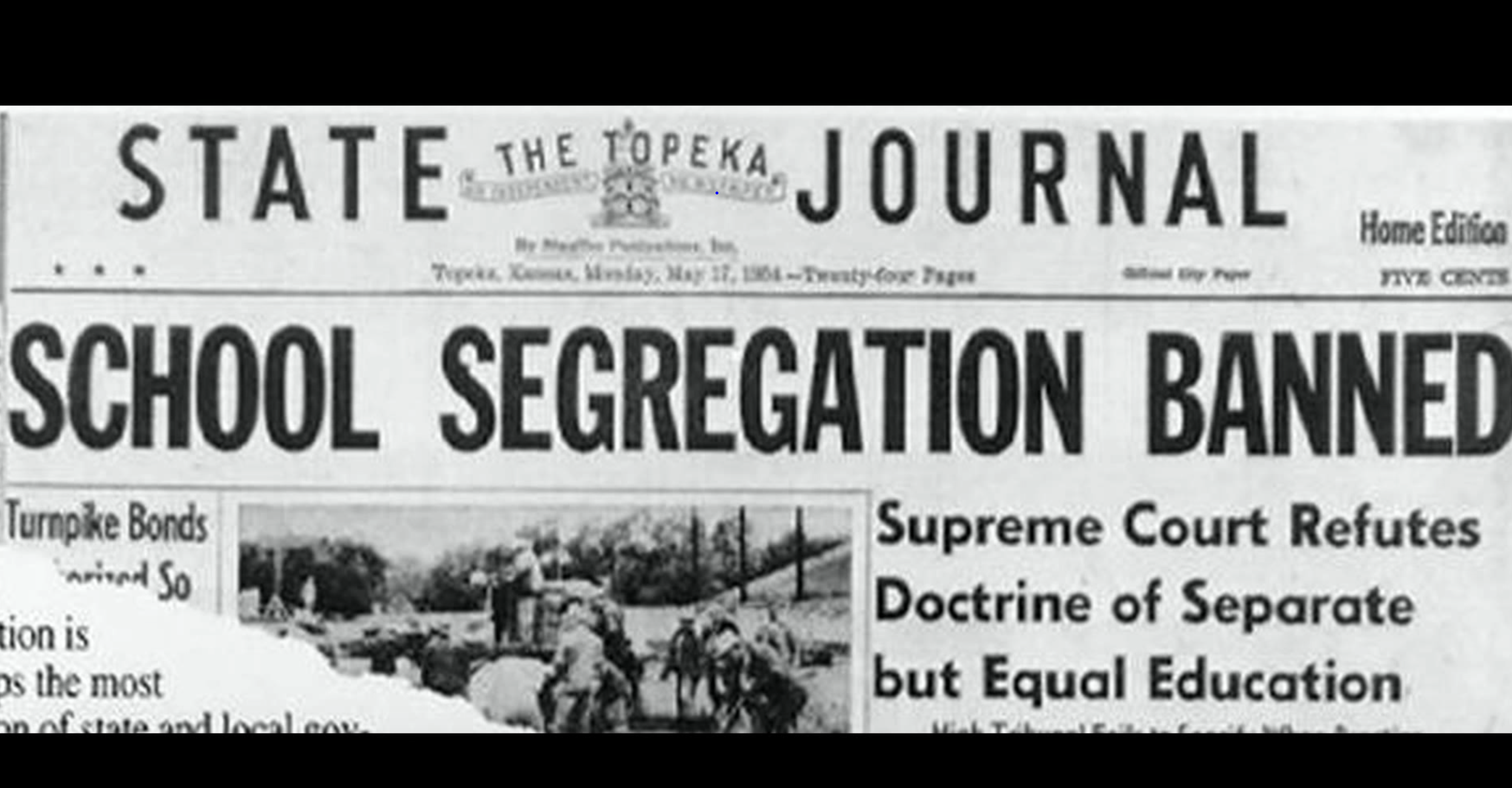 The front page of a 1966 local newspaper that reads, School Segregation Banned.