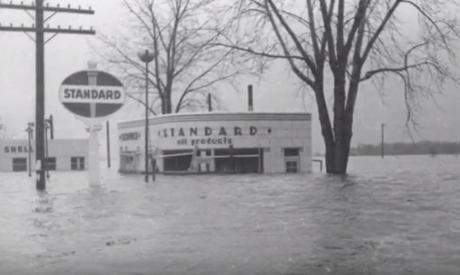 A view of a flood petrol station in the Midwest in a 1943 photograph.