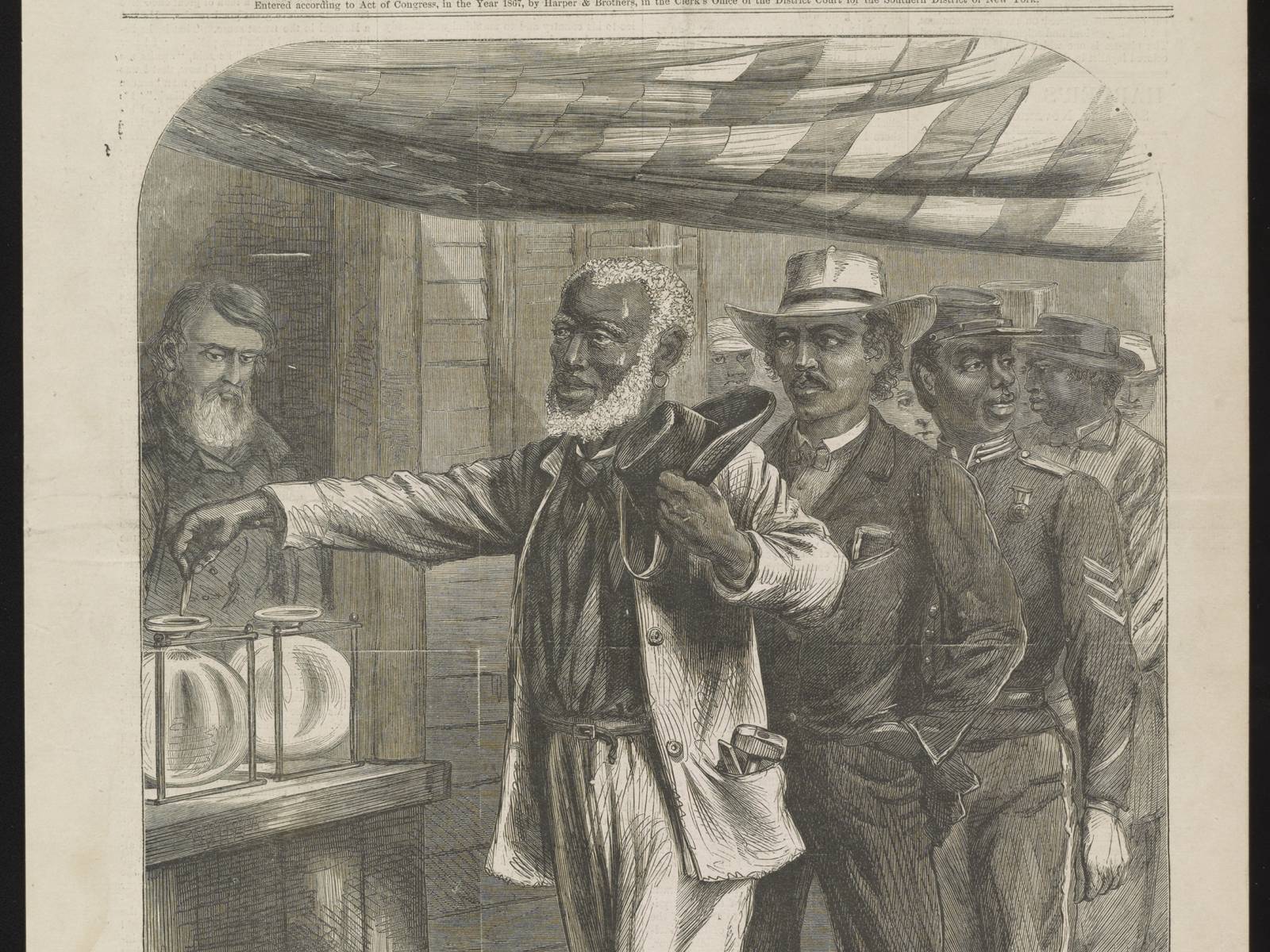 "The First Vote," drawn by A.R. Waud appeared in Harper's Weekly, November 1867. Courtesy of Library of Congress