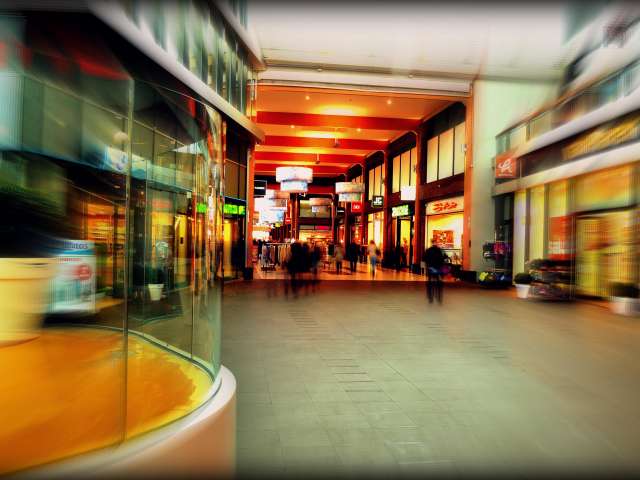 The inside of a shopping mall. 