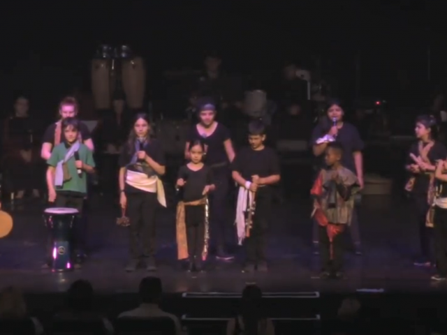 A group of children stand on a stage with musical instruments and perform.