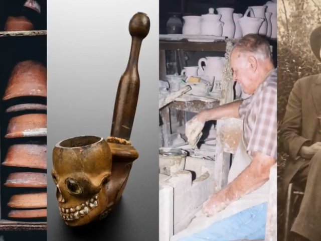 Four stills showing a stack of pots, a clay pipe, a man at a kiln, and a 19th century photo of a pipe maker.