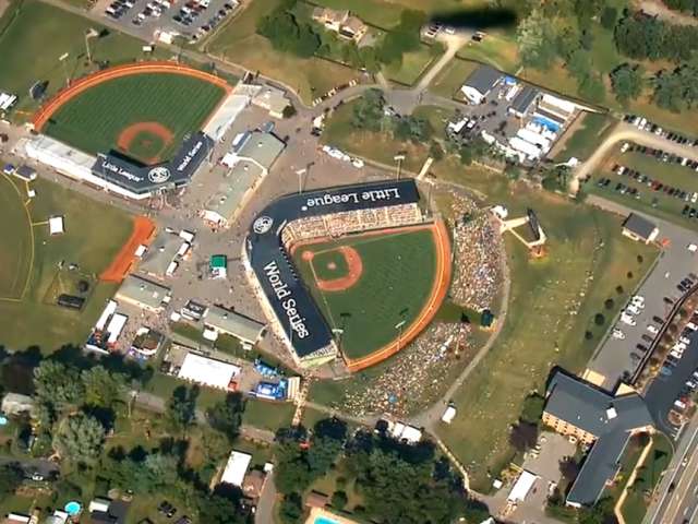 A screenshot from the video showing the Little World Series stadium from the air.