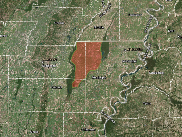 A map of the United States that zooms in on Arkansas, outlining the area in red.