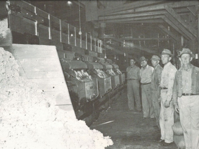 Men in khaki paints and jackets stand in a barn with a pile of cotton in a vintage photo.