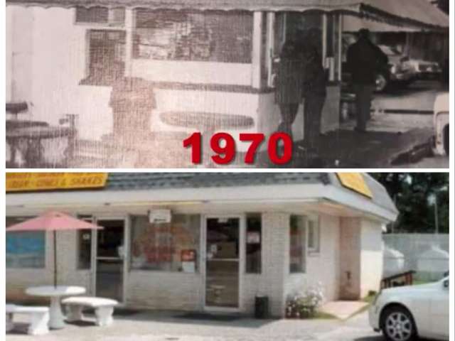 A view of a corner restaurant in 1970 and today, showing cards and outdoor seating. 