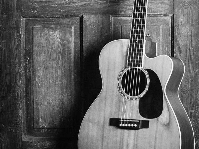 Black and white photo of an acoustic guitar, leaning up against an old door. 