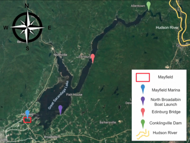 A map of the New York area, showing several rivers and a key at the bottom right.