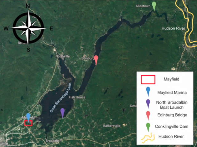 A map of the New York area, showing several rivers and a key at the bottom right. 