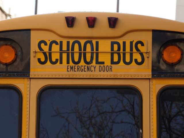 The back of a bright yellow school bus with orange lights, windows, and a door.