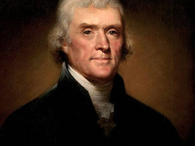 Painting of Thomas Jefferson by Rembrandt Peale shows the Founding Father with gray hair and a dark, collared jacket.