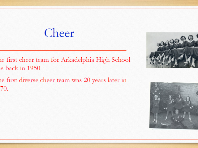 A screenshot from a presentation with the word, Cheer, and vintage photographs of pep squad members. 
