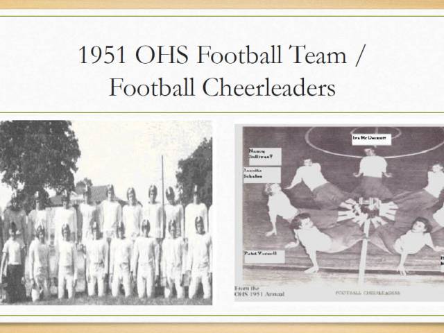 A screenshot of a presentation that shows vintage photos of a football team and cheerleading squad.