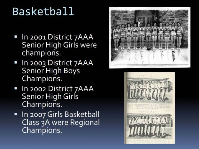 A screenshot of presentation that shows vintage photos of two high school basketball teams.