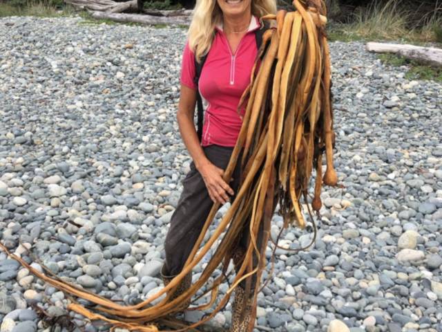 A women with a hot pink shirt and long, blonde hair stands on a rocky beach and holds long strands of kelp.