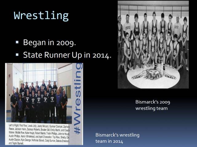 A screenshot from a presentation showing photos of the wrestling team in the early 2000s.