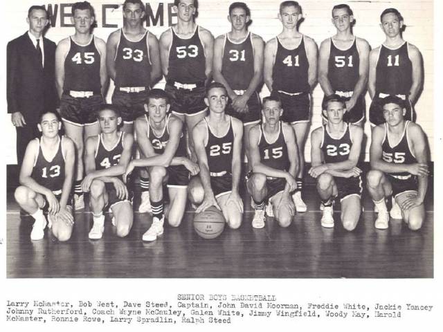 A vintage photo of a boys basketball team inside a high gymnasium.