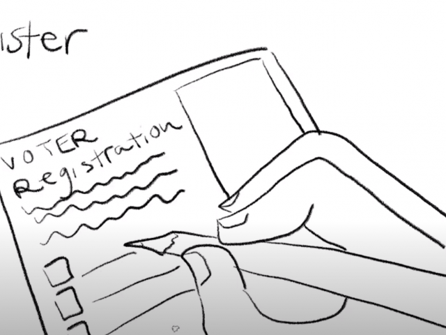 A hand draws a voter registration ballot in an animation.