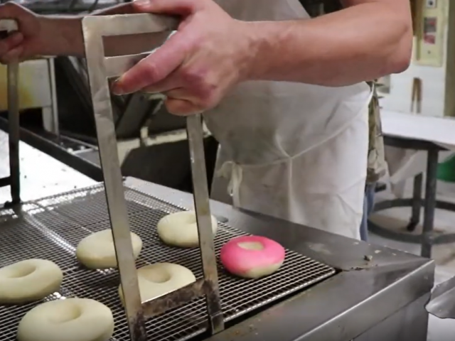 Baker lowering a tray of doughnuts in a fryer