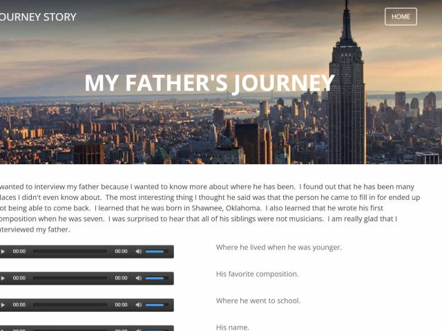 Screenshot of a student's website that features skyscrapers and the words, My Fathers Journey.