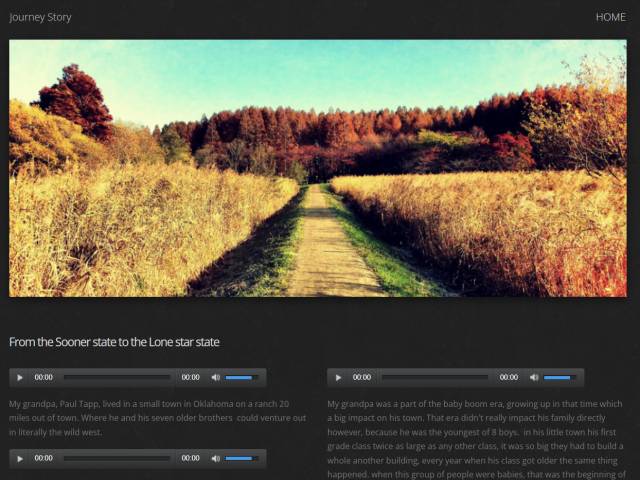 A screenshot of student's website with a black background and a photo of a field with a grassy road.