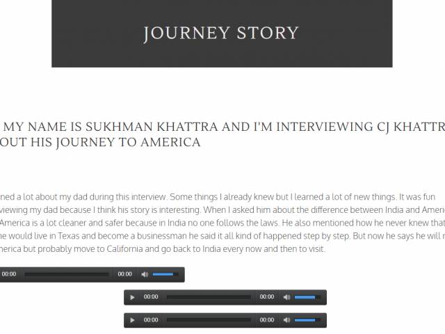 Screenshot of student's website that features the headline, Journey Story, and then text and audio files.