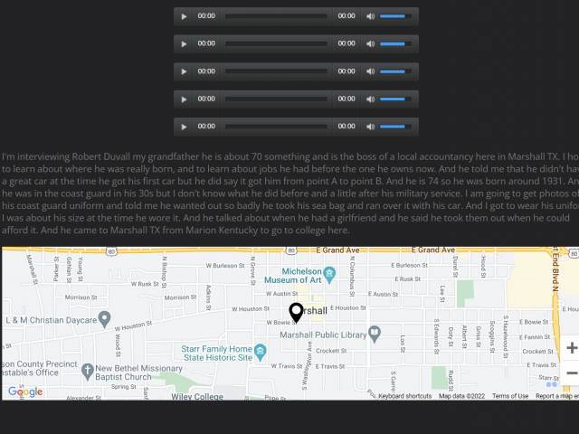 A screenshot of a website with a black background, along with audio recordings and a map.