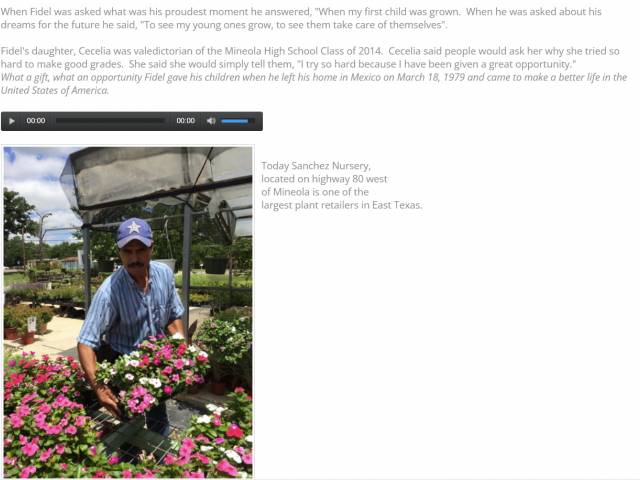 Screenshot from a student-created website that includes a photo of a man in a ballcap with trays of flowers.