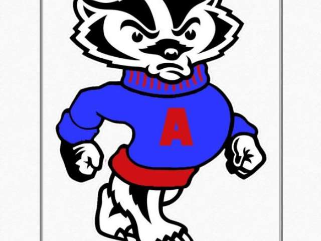 A badger in a blue sweater serves as a mascot.