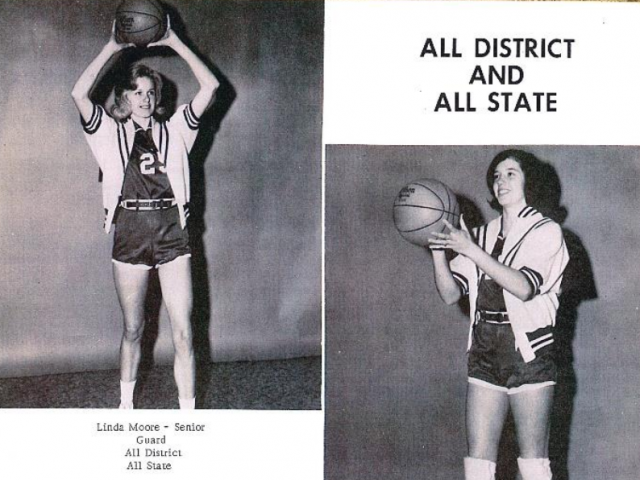 Vintage black-and-white photos of girls playing basketball. 