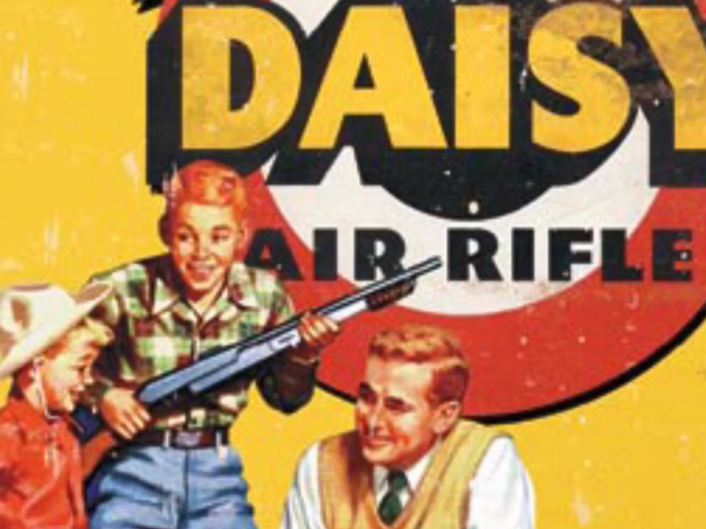 A yellow advertisement that shows two children with a father figure. One boy holds a toy pistol. 
